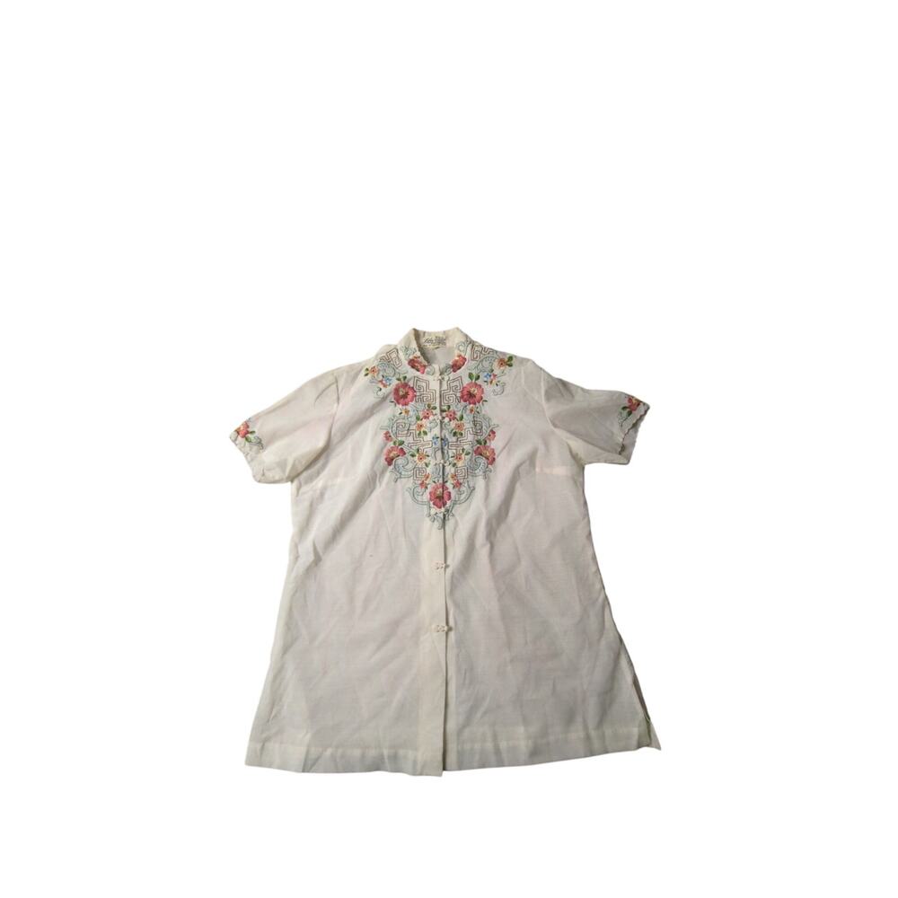 Vintage Lily Embroidered Floral Cheongsam Blouse Frog Button Mandarin FLAW